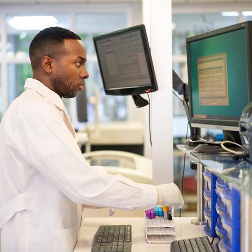 Technicien de laboratoire analysant des échantillons ADN sur ordinateur dans le cadre d’un test de paternité
