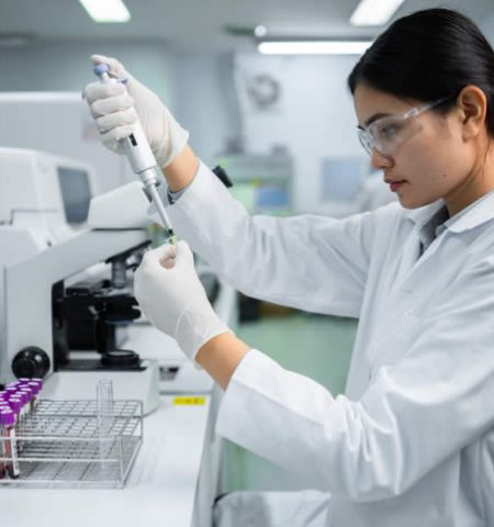 Technicienne de laboratoire utilisant une pipette pour analyser un échantillon ADN lors d’un test de paternité