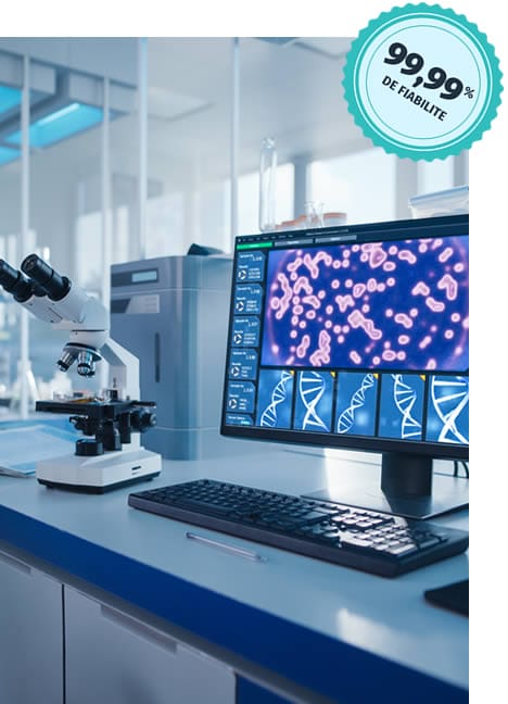 Équipement de laboratoire et écran affichant une analyse ADN avec fiabilité 99,99 % pour les tests de paternité